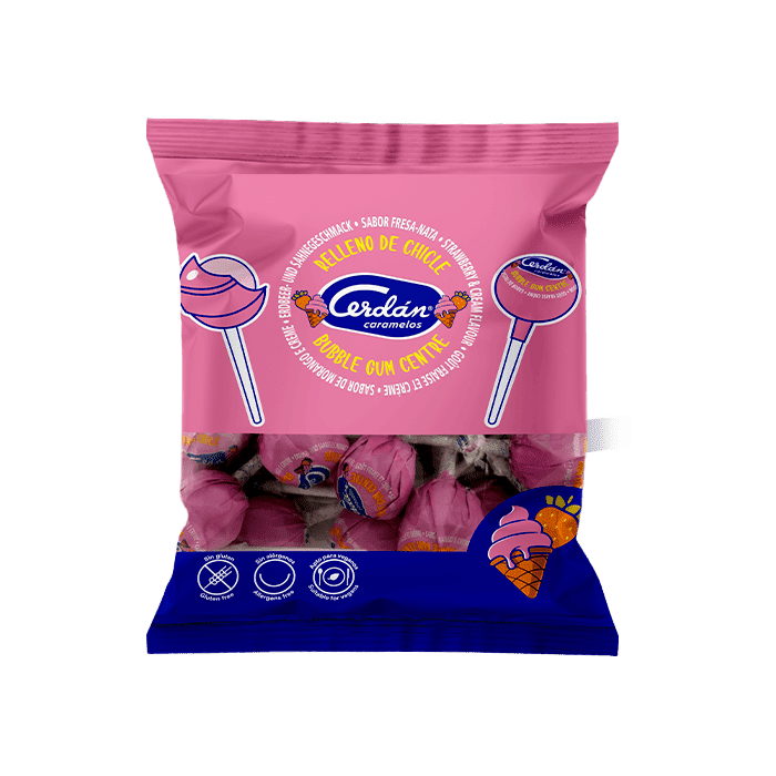 Strawberry & cream lollipop with bubble gum 15.5 g Cerdán Caramelos - Distribución Mayorista