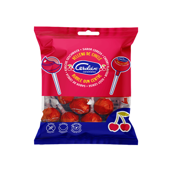 Cherry lollipop with bubble gum 15,5g Cerdán Caramelos - Distribución Mayorista