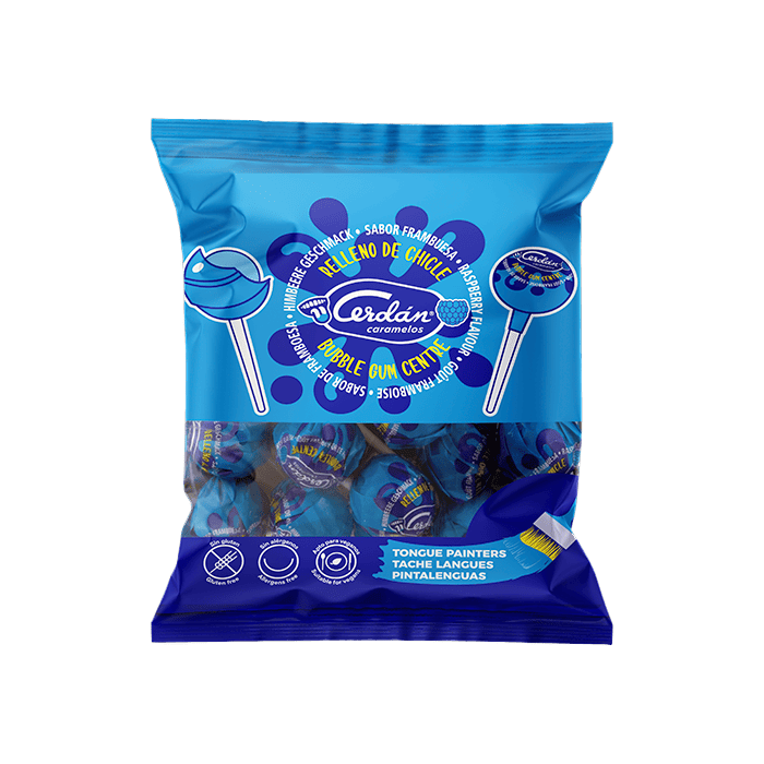 Raspberry lollipop with bubble gum Cerdán Caramelos - Distribución Mayorista